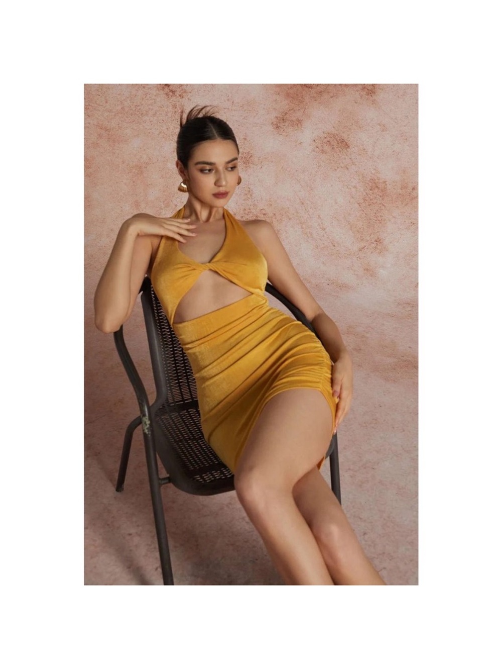 Micas Mustard Cutout Halter Mini Dress S NWT